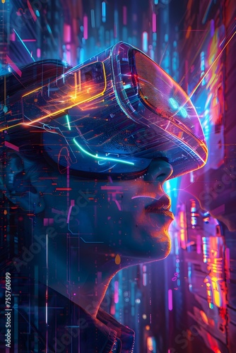 Individual Immersed in Vibrant Cyberpunk Virtual Reality World  Exploring Metaverse Era