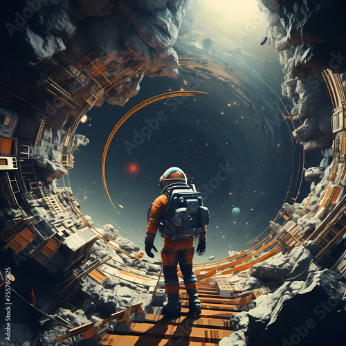 Astronaut exploring an abandoned space station. 