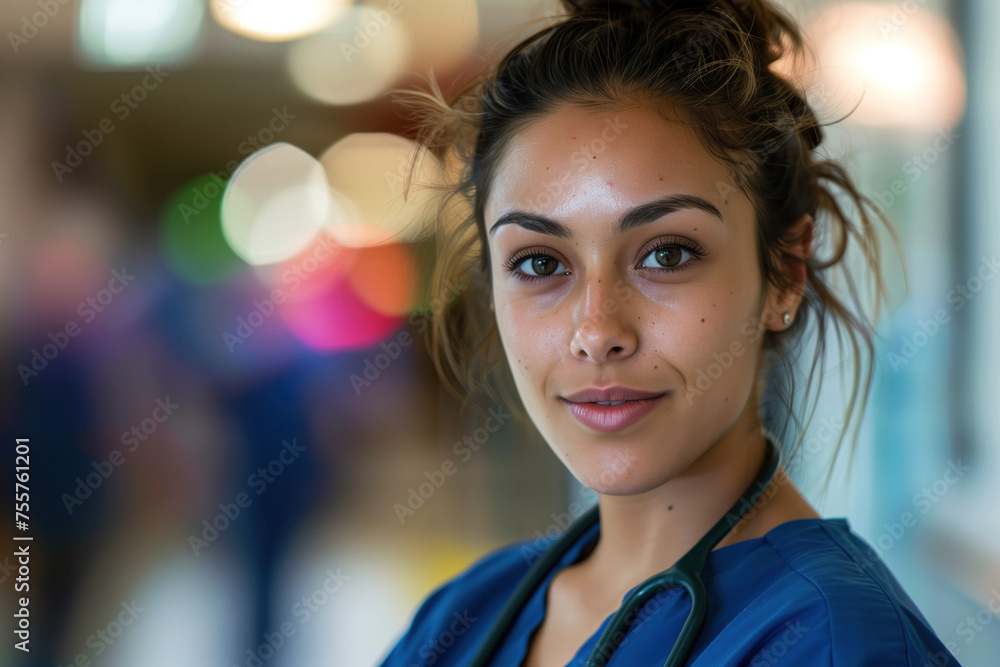 A portrait of a female health care medical worker, blurred background, motion blur, long exposure, bokeh. Created with Generative AI technology. A portrait of a female health care medical worker, blurred background, motion blur, long exposure, bokeh. Created with Generative AI technology.