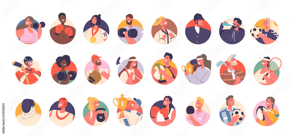 Sportsmen Character Avatars Set. Soccer, Fitness, Hockey And Equestrian Sport, Golf, Box And Fencing, Baseball Sportsmen Character Avatars Set. Soccer, Fitness, Hockey And Equestrian Sport, Golf, Box And Fencing, Baseball