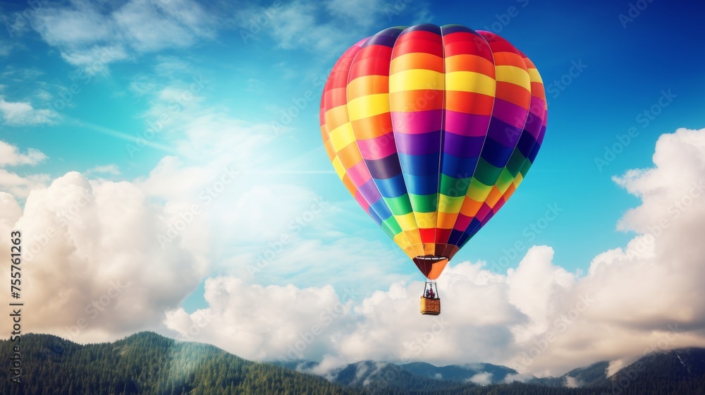Naklejka premium A rainbow-colored hot air balloon in flight