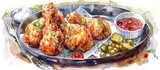 Crispy Fried Chicken Delight A Whimsical Watercolor Illustration of a USA Bistro Plate with Assorted Pieces and Spicy Dipping Sauces