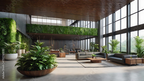 The interior has a lot of greenery in the lobby.