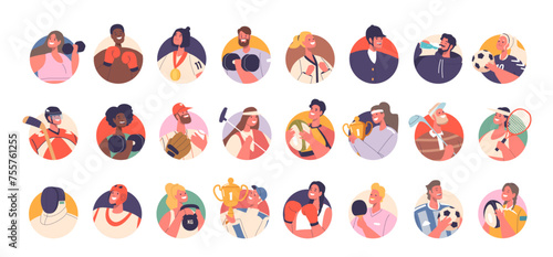 Sportsmen Character Avatars Set. Soccer, Fitness, Hockey And Equestrian Sport, Golf, Box And Fencing, Baseball