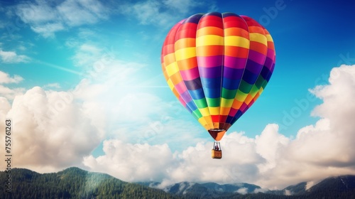 A rainbow-colored hot air balloon in flight