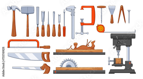 Carpenter Tools Isolated Vector Set. Hammers For Driving Nails, Saws For Cutting Wood, Chisels For Shaping, Levels © Pavlo Syvak