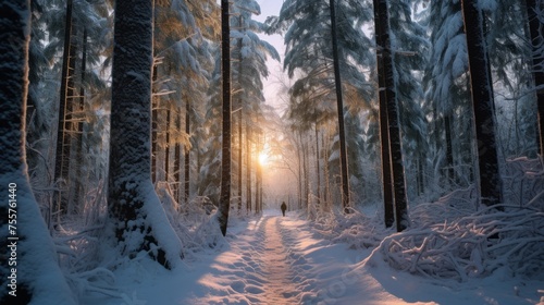 A snow covered forest path at dawn