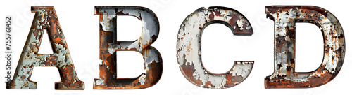 Old rusty metal alphabet Letter A, B, C, D Isolated on transparent background cutout - Generative AI	