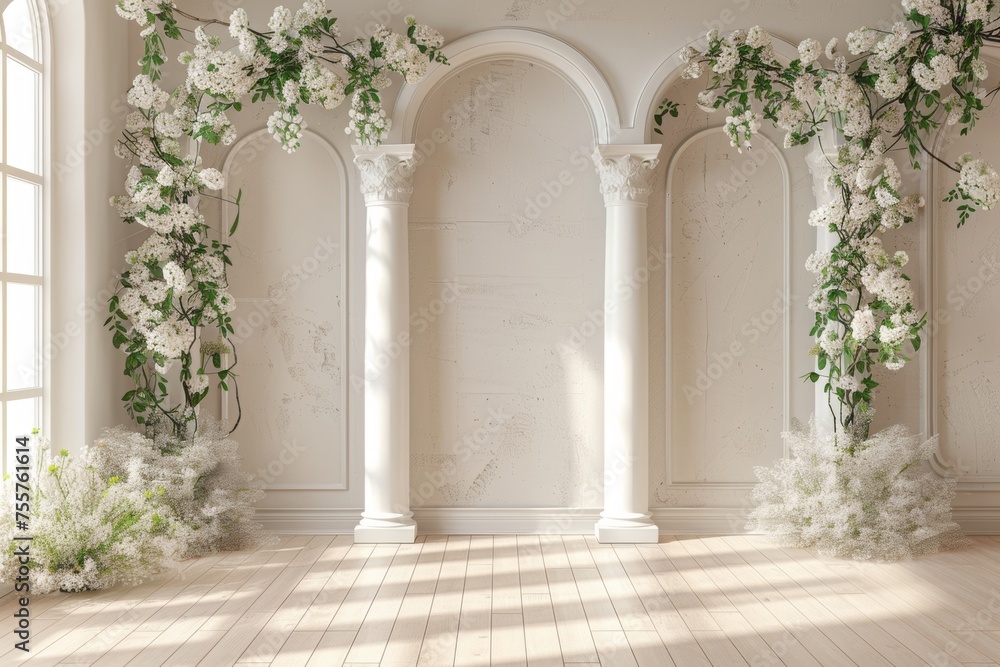 Fototapeta premium Wedding Photography Backdrop with Arches and White Flowers and Sunbeams