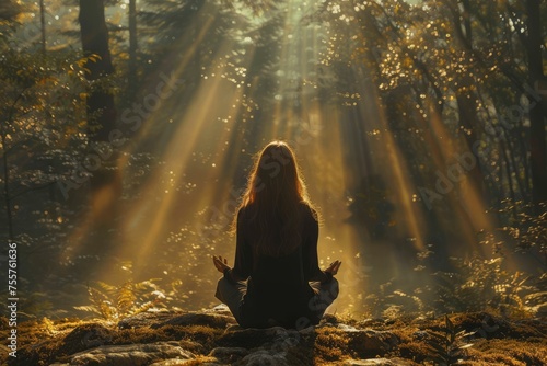 Rear view of young female sitting and meditating in a forest. Beautiful sunlight faliing thrugh the trees. Connection with the earth and nature
