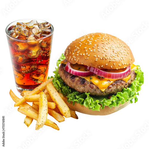 hamburger with fries and cola on transparent background