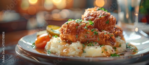 Crispy Fried Chicken Dinner in Impressionist Style at a USA Bistro photo