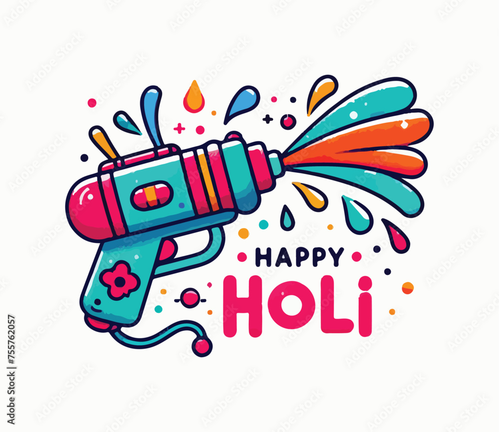 Happy holi festival greeting card with water gun. Hand drawn vector illustration.
