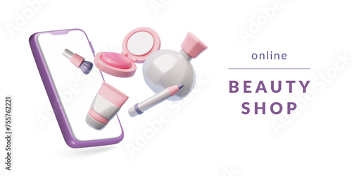 Illustration of an online cosmetics store in cartoon 3D style. Buying cosmetics online.