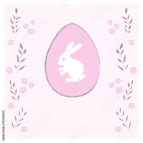 Rabbit and egg on spring blue background with flowers. Happy Easter