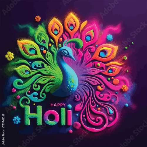 Happy Holi festival of India greeting card with peacock vector illustration © PNG