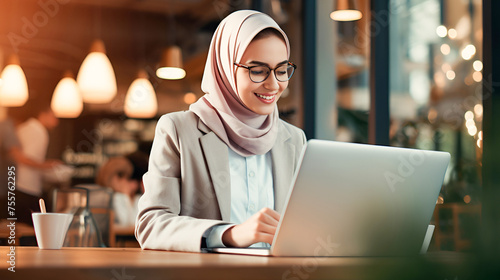 Portrait of a young successful muslim woman in hijab works with a laptop while sitting in a modern cafe. Muslim Girl freelancer.