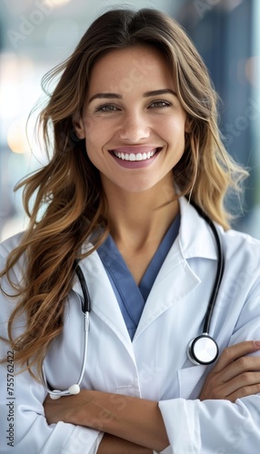 Cheerful female dentist in modern clinic with white lighting  blurred background  and text space