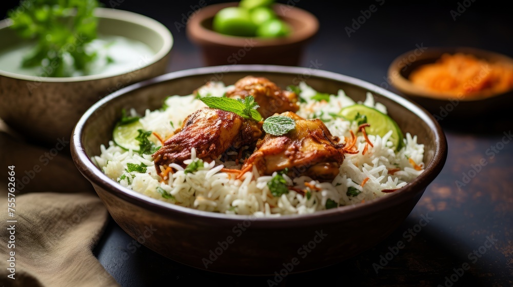 A bowl of chicken biryani served with cucumber raita A bowl of chicken biryani served with cucumber raita