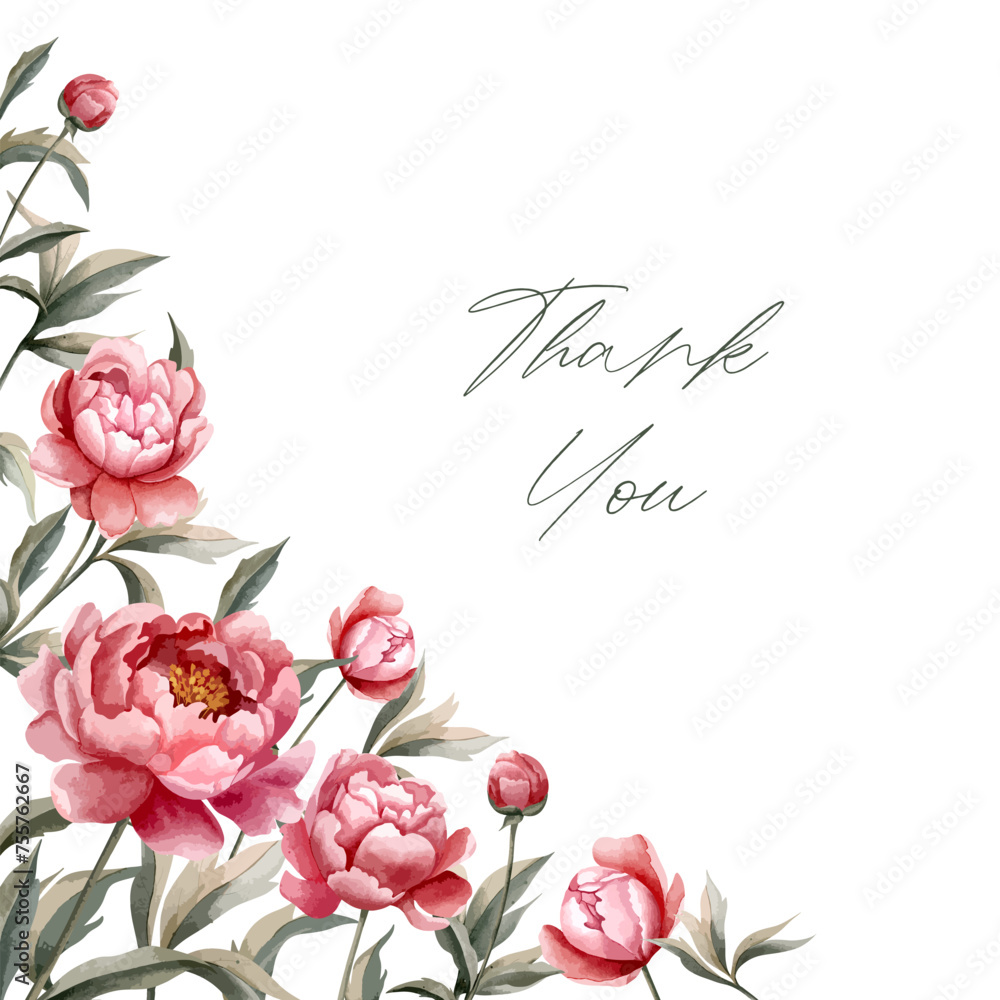 Fototapeta premium Watercolor peonies square frame. Vector floral peony template. For wedding invitation, poster and card.