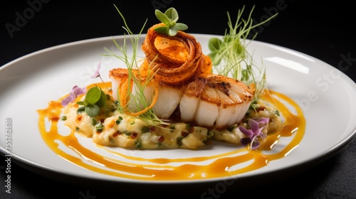 A beautifully plated seafood dish with artistic garnishes