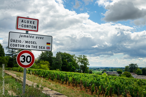 Village city rodsign of Aloxe Corton in the vineyards, Burgundy, France