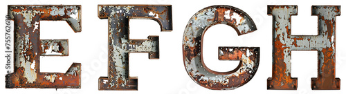 Old rusty metal alphabet Letter E, F, G, H Isolated on transparent background cutout - Generative AI	