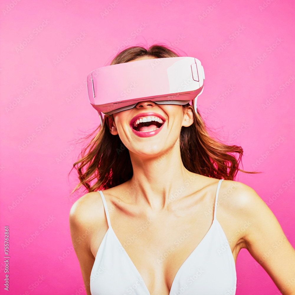 Portrait of a beautiful Caucasian brunette model posing smiling with virtual reality glasses for a shoot with copy space on pink background. Portrait of a beautiful Caucasian brunette model posing smiling with virtual reality glasses for a shoot with copy space on pink background.