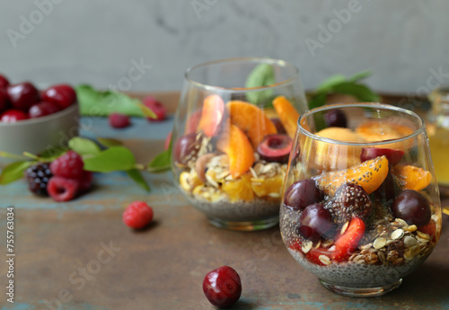 fresh natural organic chia pudding on wooden table