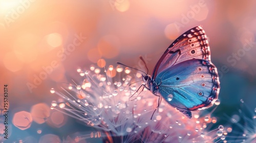 Portrait morpho butterfly and dandelion flower with dew drops on sunrise background. generative AI © suyoto