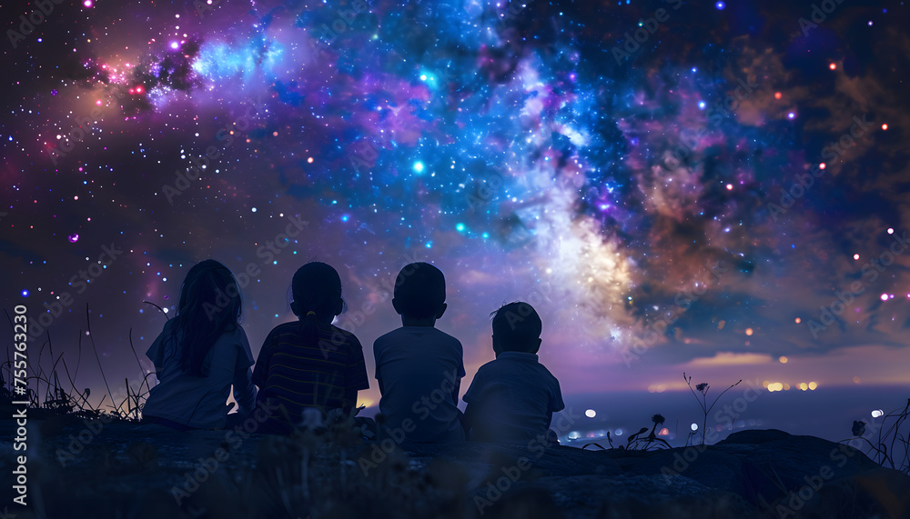 The children sit on a hill on a dark night, gazing at a star-filled sky with the Milky Way, sparking a desire to explore the vastness of the universe and the wonders of astronomy.