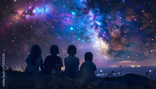 The children sit on a hill on a dark night, gazing at a star-filled sky with the Milky Way, sparking a desire to explore the vastness of the universe and the wonders of astronomy.