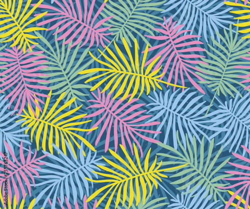 Seamless vector pattern. Colorful tropical overlapping palm leaves background, botanical texture