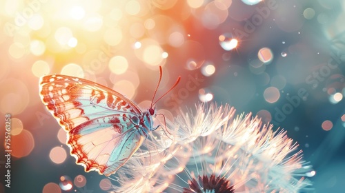 Portrait morpho butterfly and dandelion flower with dew drops on sunrise background. generative AI photo