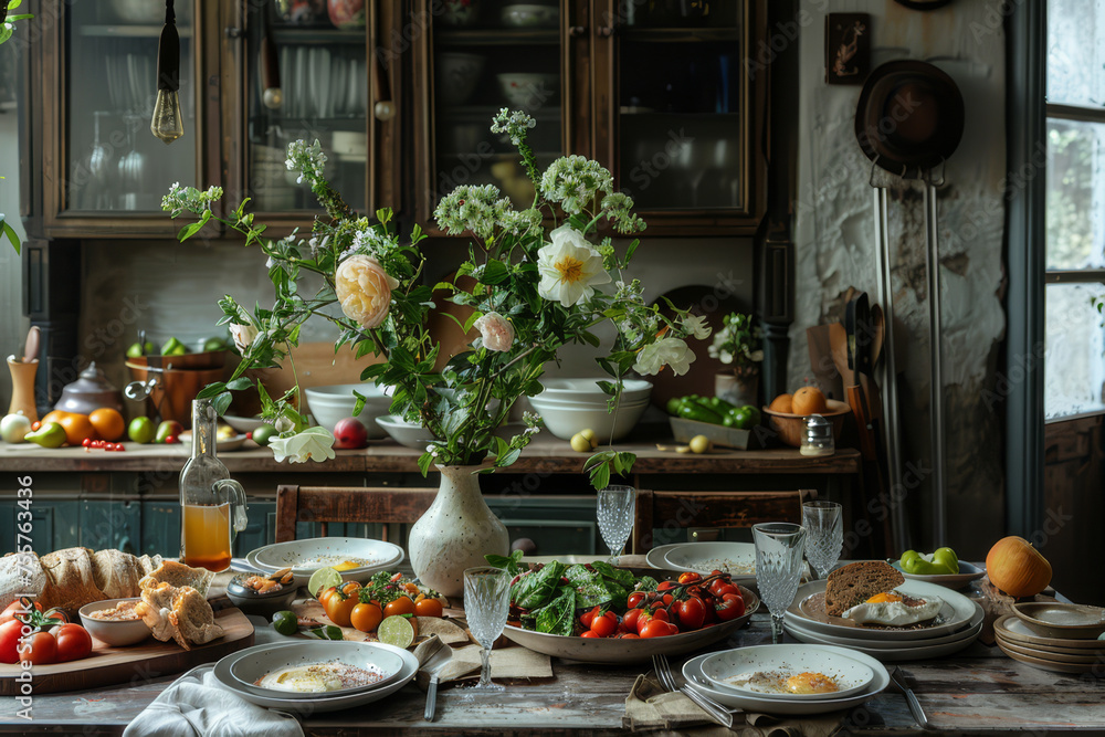 An elegant dining table spread with a variety of gourmet dishes, from salads to grilled fish, amidst a cozy domestic setting.. An elegant dining table spread with a variety of gourmet dishes, from salads to grilled fish, amidst a cozy domestic setting..