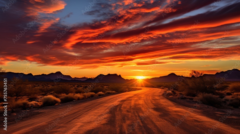 A desert road with a fiery, red orange sunset