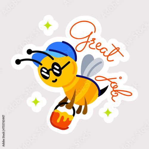 Trendy flat sticker of honeybee with great job typography 