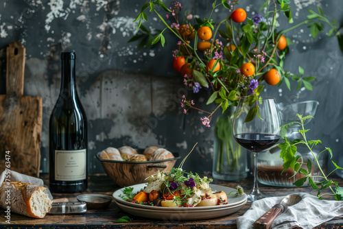 A vibrant gourmet salad paired with white wine, presented on a rustic wooden table with a lush green background..