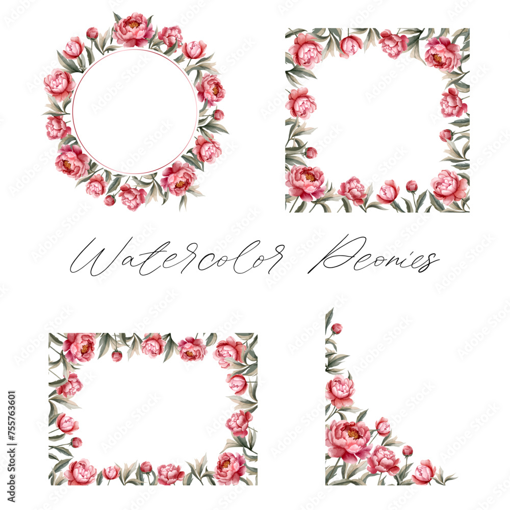 Set of watercolor peonies frames. For wedding invitations, posters and cards. Vector floral wreath with peony.