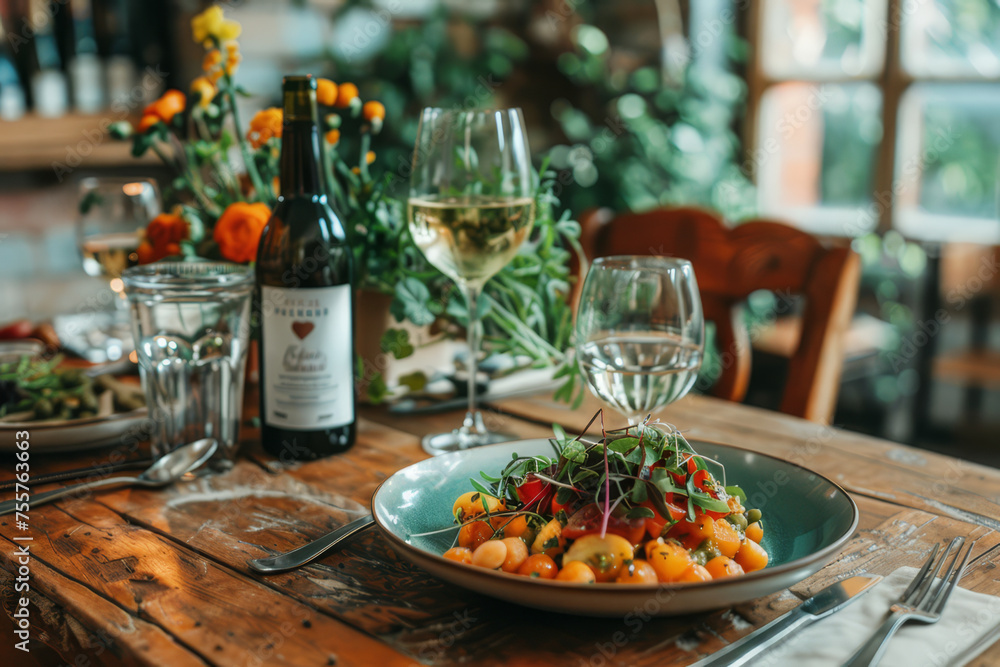A vibrant gourmet salad paired with white wine, presented on a rustic wooden table with a lush green background.. A vibrant gourmet salad paired with white wine, presented on a rustic wooden table with a lush green background..