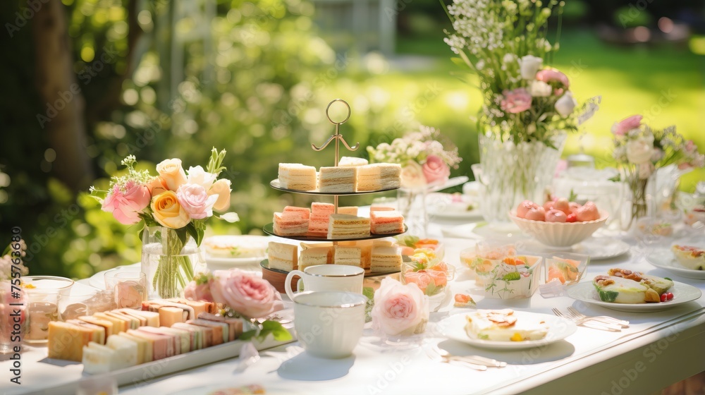 A garden tea party table with dainty sandwiches and desserts A garden tea party table with dainty sandwiches and desserts