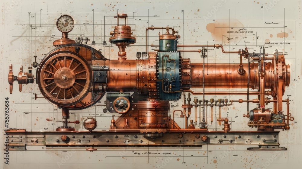 Schematic diagrams of intricate machines, workings of engineering marvels
