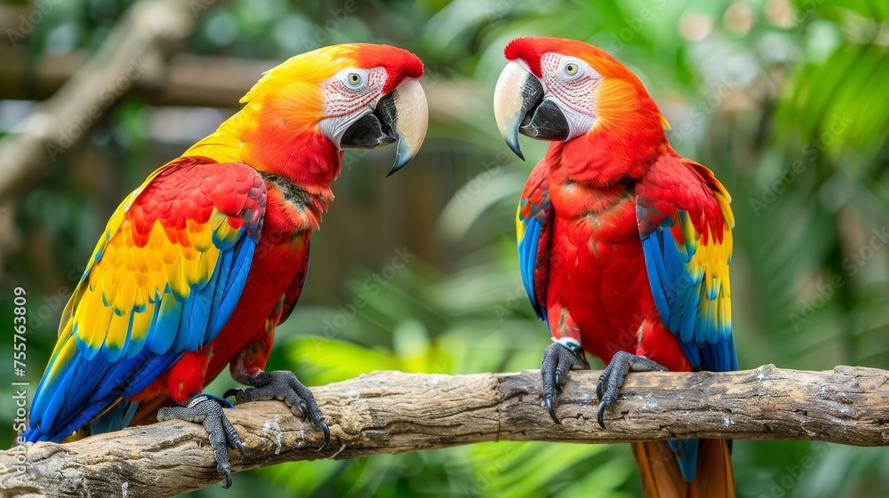 Scarlet macaws perched on branch with copy space against blurred background, exotic tropical birds