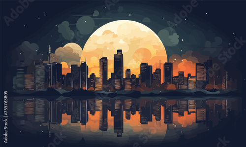 A city skyline is reflected in a body of water