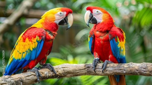 Scarlet macaws perched on branch with copy space against blurred background, exotic tropical birds © Ilja