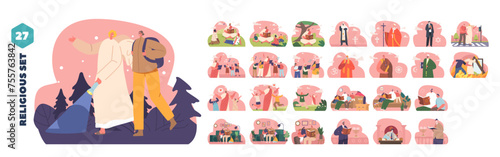 Isolated Vector Elements With Cartoon Characters Perform Religious Scenes. Men And Women Praying, Reading Bible