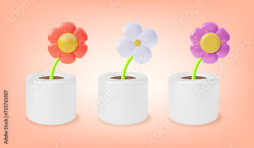 3d Different Types Cute Houseplants Flowers in Cachepots Set Cartoon Style. Vector illustration of Indoor Gardening Concept