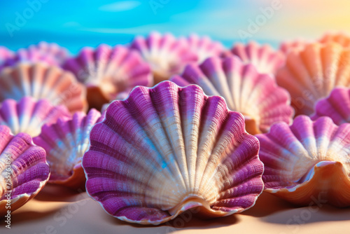 Pink Seashells Spread Out on Warm Sandy Background with Ocean in Distance