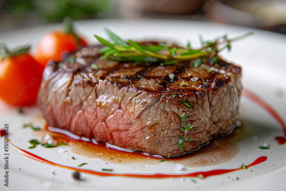 Close-up of a seared beef steak on a plate, seasoned with rosemary and spices, accompanied by tomatoes in the background.. Close-up of a seared beef steak on a plate, seasoned with rosemary and spices, accompanied by tomatoes in the background..
