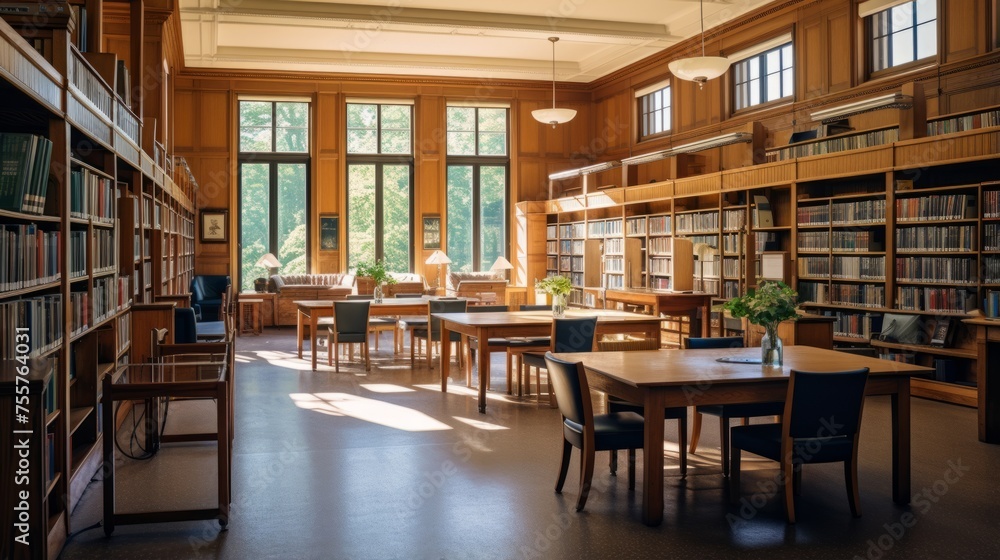 A library interior with wooden bookcases and study tables